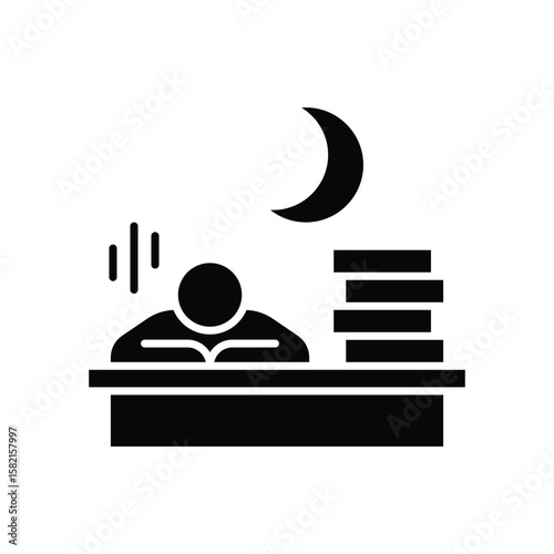 Late Night Overwork Icon. Glyph Style. Vector. Tired Employee Sleeping at Office Desk with Paper Stack and Moon Symbol. Labor Shortage Effect. Exhaustion and Productivity Crisis