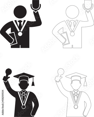 Teachers Day Icon Set Teacher with Trophy and Book and Graduate with Cap and Trophy in Solid and Outline Styles