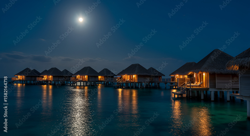 Naklejka premium Tropical overwater bungalows at night under a full moon (2)