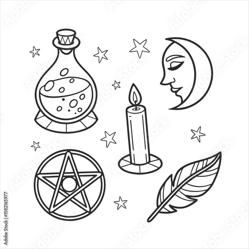 Witchcraft Line Art Elements  Moon, Candle, Potion, Pentagram, Crystal

