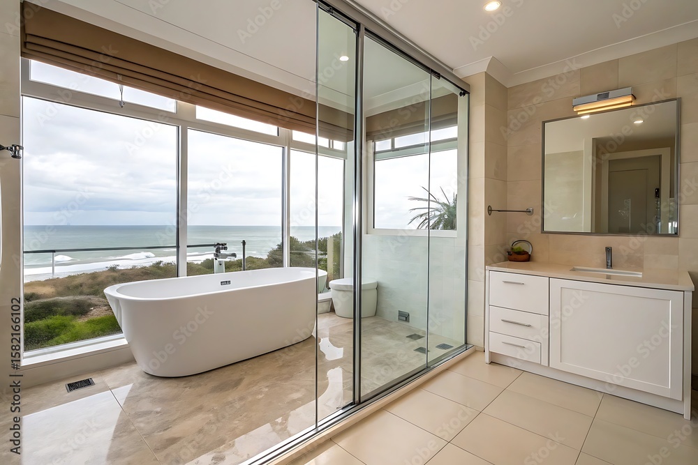 Luxurious Modern Bathroom with Glass Walls and Ocean View Bathtub Luxurious Modern Bathroom with Glass Walls and Ocean View Bathtub
