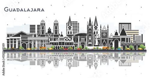Guadalajara Mexico City Skyline with Color Buildings and reflections Isolated on White. Tourism Concept with Historic and Modern Architecture. Guadalajara Cityscape with Landmarks.
