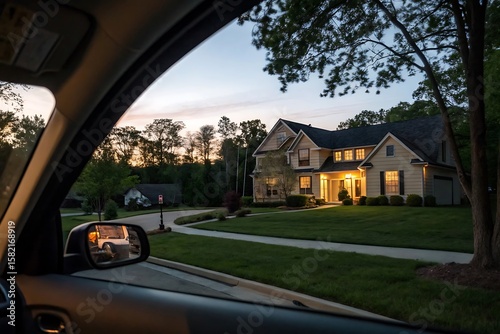 Evening Drive Past a Beautifully Lit Suburban Home at Dusk