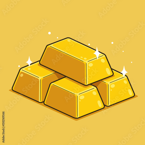 A stack of shiny gold bars with sparkling highlights, rendered in a clean, modern cartoon vector illustration style on a yellow background.