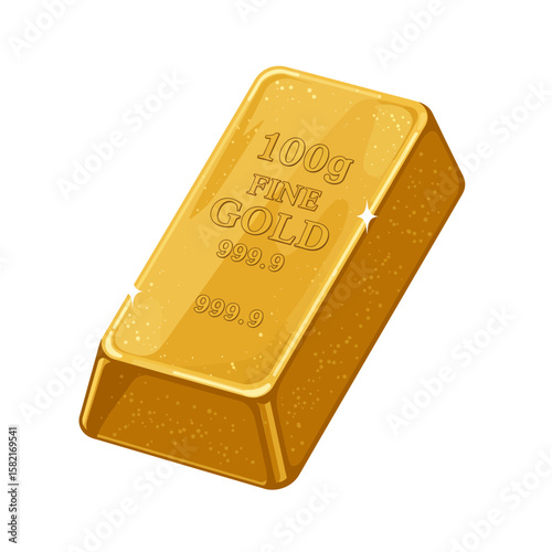 A gleaming cartoon illustration showcases a 100g fine gold bar, symbolizing wealth, investment, and the enduring allure of precious metals on a clean white background.