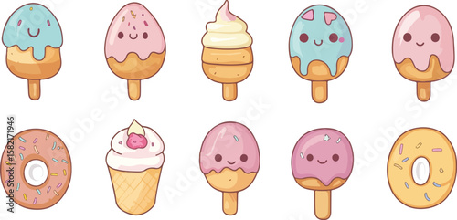 Cute Kawaii Desserts Illustration with Ice Cream Donut and Cupcake on White