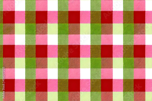 Colorful tartan plaid pattern in red, white, and green. Ideal for holiday wrapping designs, digital backgrounds, and seasonal textile concepts.
