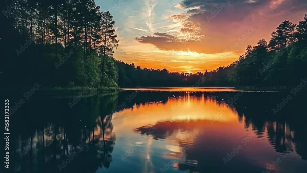 Sunset paints the sky over a tranquil lake surrounded by trees and reflections in the water, Sunset over peaceful lake with reflective water and trees in background