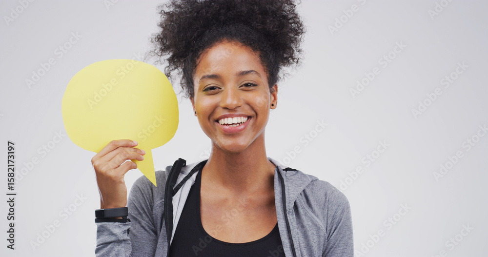 Portrait, woman and news with speech bubble in studio for announcement, vote and signage. Mockup space, person and sign for advertising brand, show information and billboard forum in white background Portrait, woman and news with speech bubble in studio for announcement, vote and signage. Mockup space, person and sign for advertising brand, show information and billboard forum in white background