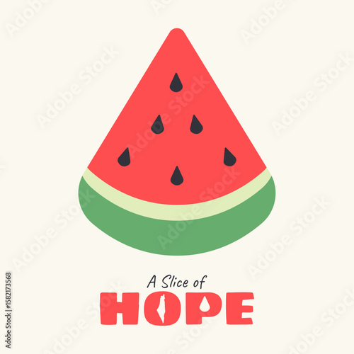 Illustration of a watermelon slice, a symbol of Palestinian solidarity. With the text 'A Slice of Hope,' this art represents support, resistance, and peace for Palestine. Vector graphic