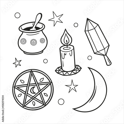 Witchcraft Line Art Elements  Moon, Candle, Potion, Pentagram, Crystal

