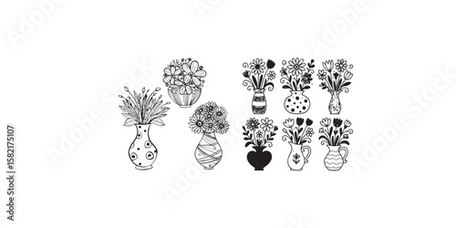 Print   Whimsical Style hand drawn quirky vases bouquets with flowers - vector set
