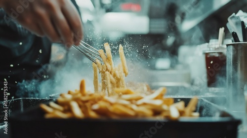 Golden french fries being tossed in a hot pan.