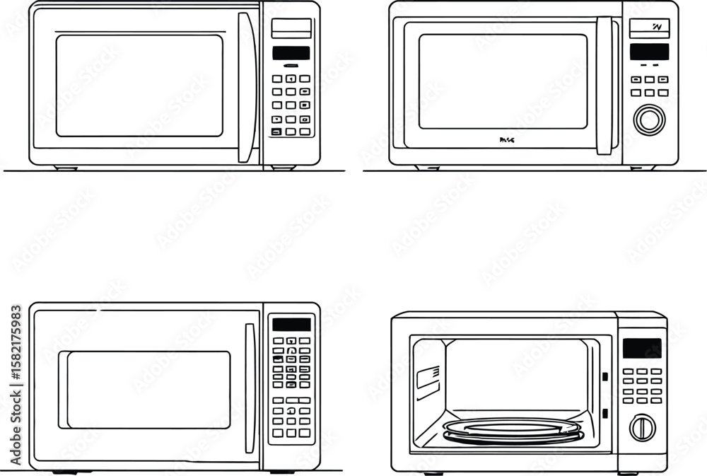 Obraz premium Modern Microwave Ovens Outline Set: Kitchen Appliance Vector Illustrations
