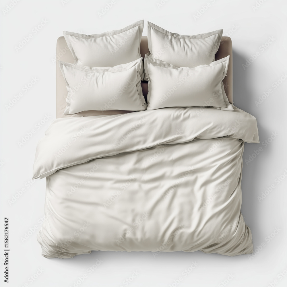 Obraz premium Blank full bedding set mockup. Top view to double bed covered with duvet cover, two pillowcases. Empty white bed linen template. Simple background