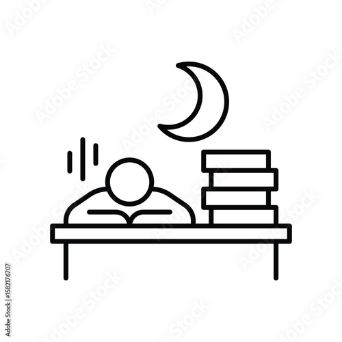 Late Night Overwork Icon. Outline Style. Vector. Tired Employee Sleeping at Office Desk with Paper Stack and Moon Symbol. Labor Shortage Effect. Exhaustion and Productivity Crisis