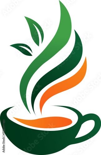 Green Tea Cup Logo with Steaming Leaves