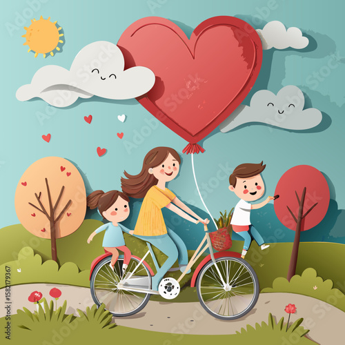 happy family on bicycle