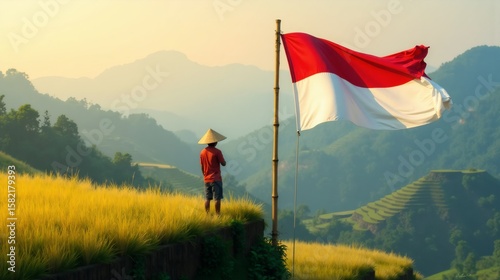 Indonesian flag and person in traditional hat overlooking scenic rice terraces