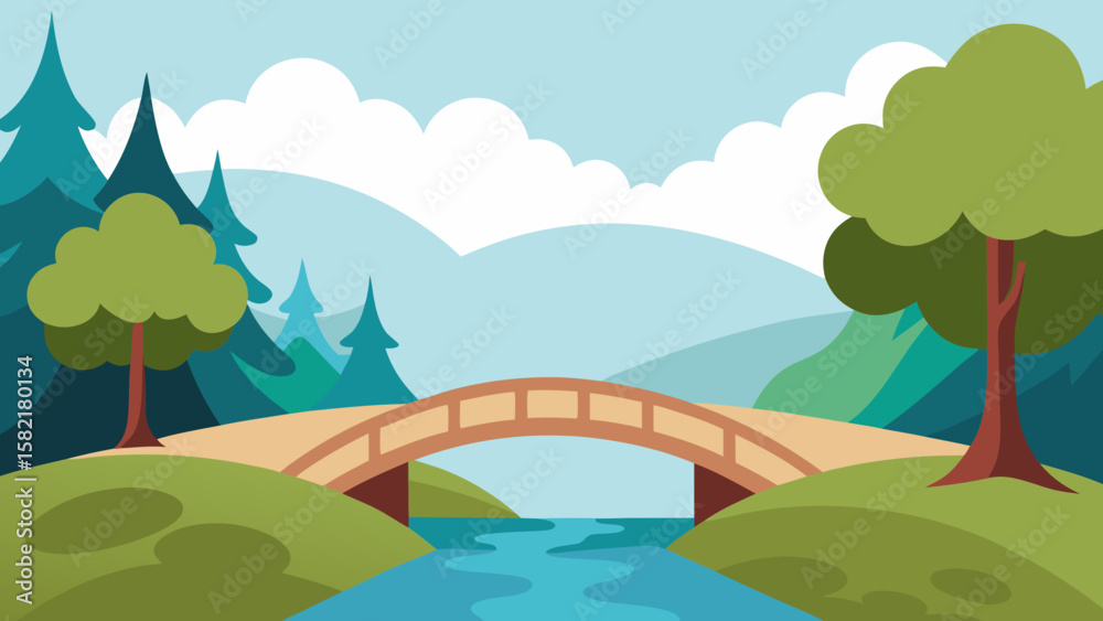 Obraz premium Cartoon Forest Bridge Over Stream with Misty Background