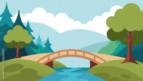 Cartoon Forest Bridge Over Stream with Misty Background