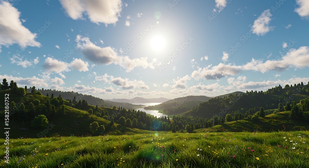 Obraz premium 陽光降り注ぐ丘の上