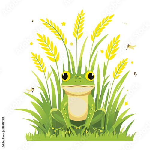 Green Frog in Tall Grass with Butterfly