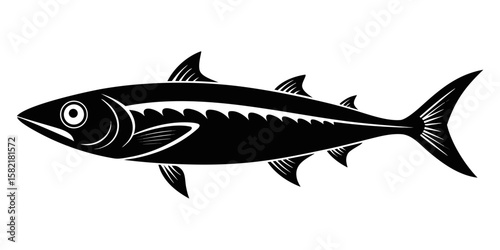 A striking black silhouette of a mackerel, a sleek aquatic animal, is presented on a clean white background, perfect for various design applications.