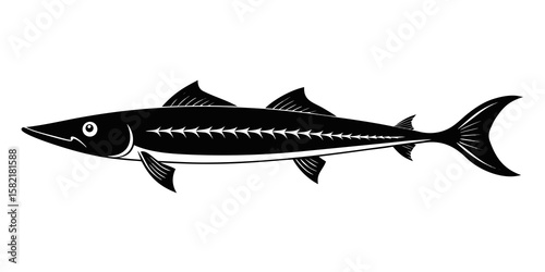 A striking barracuda silhouette swimming on a white backdrop makes for a bold animal design with a sleek vector style.