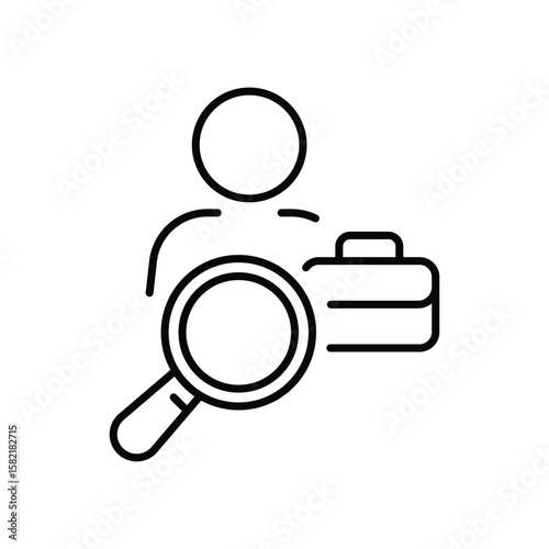 Job Search Icon. Outline Style. Vector. Employee Looking for Work with Briefcase and Magnifying Glass. Labor Shortage, Hiring, Recruitment, and Employment Search Concept Illustration