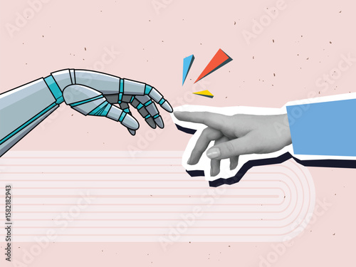 A robot hand and a black and white human hand reach out to each other. Concept of interaction between natural and artificial intelligence. Modern photo collage style. Vector illustration