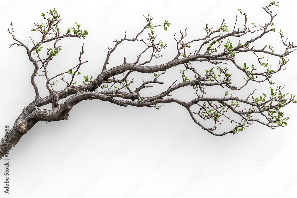 Fototapeta premium The fragile hope of new life shown in tiny sprouting leaves on weathered branch in white background. Generative Ai