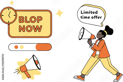 A woman with a megaphone announces a limited time offer with a blop now button and a progress bar symbolizing promotion and urgency