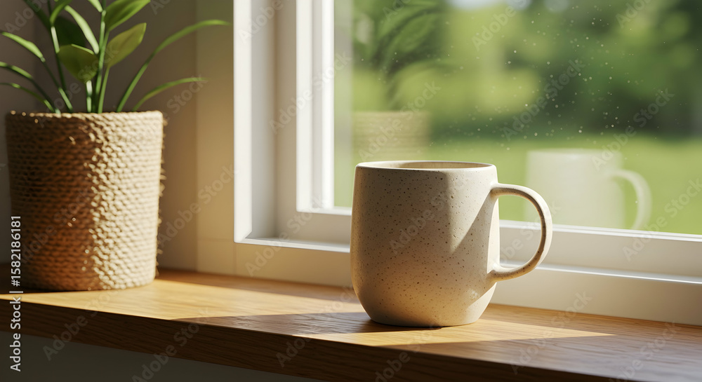 Obraz premium Morning Coffee Sunlight Windowsill Plant Cozy Home