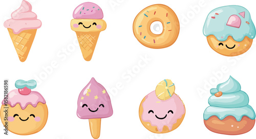 Cute Kawaii Dessert Set with Smiling Faces on White Background Illustration