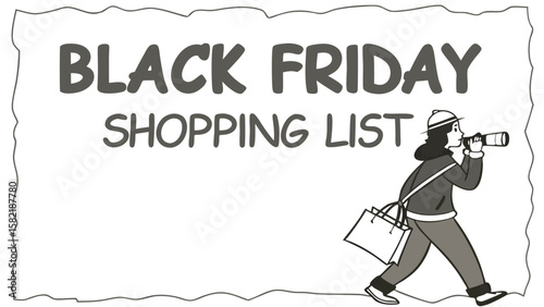 A person with a shopping bag and binoculars looks for deals on black friday preparing their shopping list for the big sale event