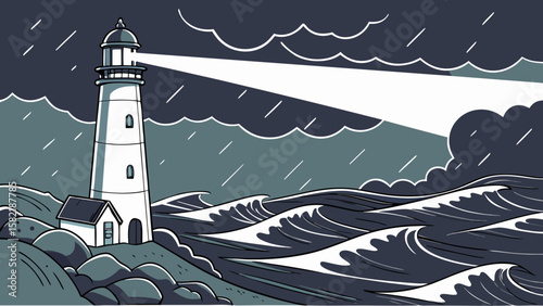 Illustration of a lighthouse on a rocky coast during a storm with waves and dark cloudy sky above it