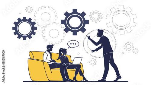 Business team collaborating with gears and presentation in a modern office environment design
