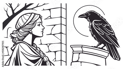 Woman with braid near a brick wall and a raven perched on a stone ledge with a halo behind it