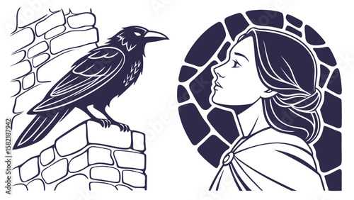 Raven perched on a brick wall next to a woman's profile in a circular mosaic design element