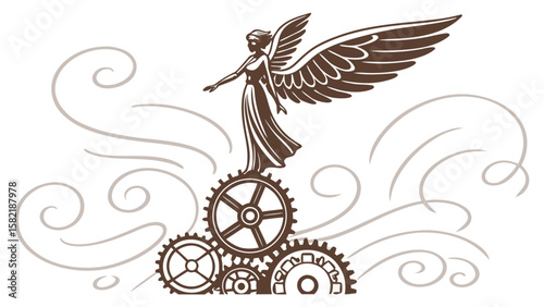 Illustration of winged woman standing atop gears surrounded by swirling cloud designs artfully drawn