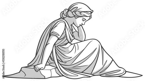 Illustration of a seated woman in draped clothing resting her head on her hand looking down