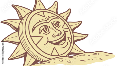 Smiling sun cartoon with triangular patterns on a sandy surface in beige and brown color scheme design