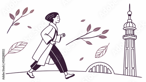 Woman in coat walking near building and falling leaves in a simple line art illustration style