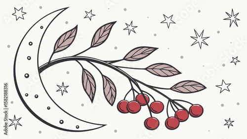 Crescent moon with berries and leaves on a branch surrounded by stars in a night sky illustration