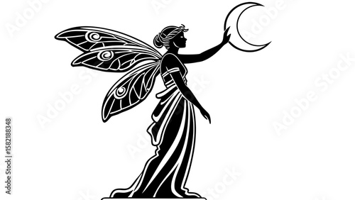 Silhouette of a fairy with patterned wings reaching for a crescent moon in a monochrome illustration
