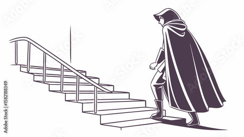 A cloaked figure ascends a staircase with a railing in a monochrome illustration style design art