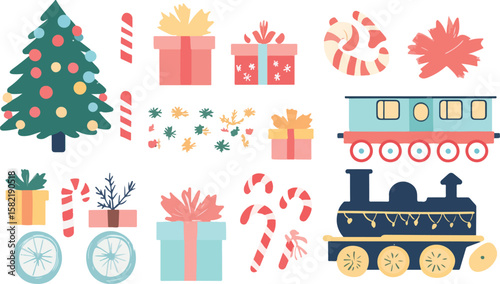 Festive Christmas Vector Illustration with Tree Presents Candy Canes and Train