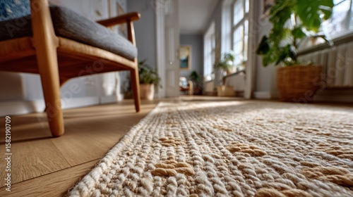 Cozy Home Interior: Light Beige Woven Rug and Wooden Chair