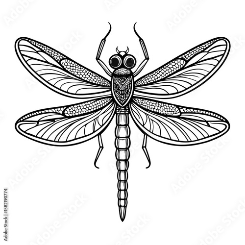 Detailed line art of a dragonfly with intricate wing patterns isolated on white background